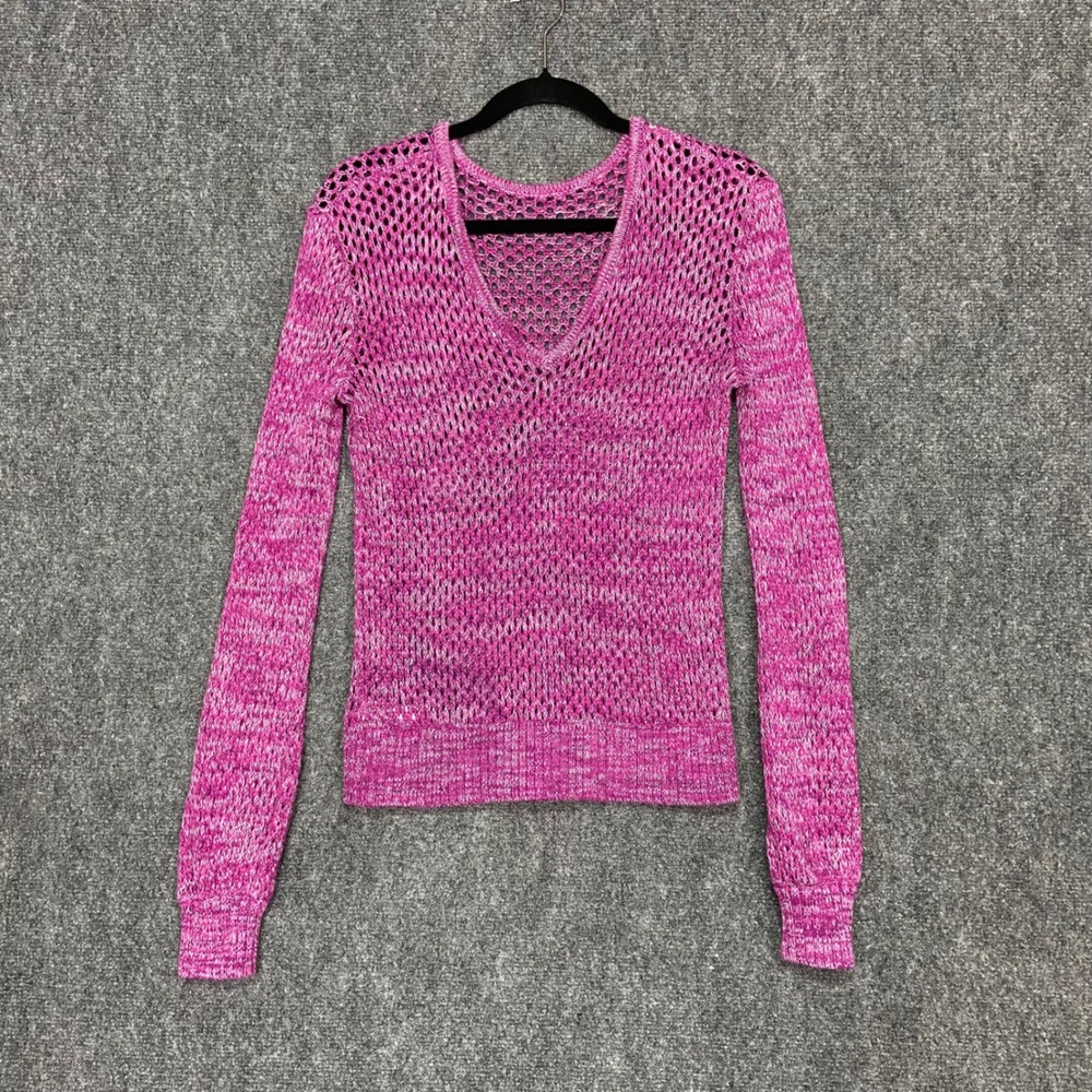 Splendid Pink Knit V Neck Sweater Small Cotton Blend Open Weave Reversible Cute